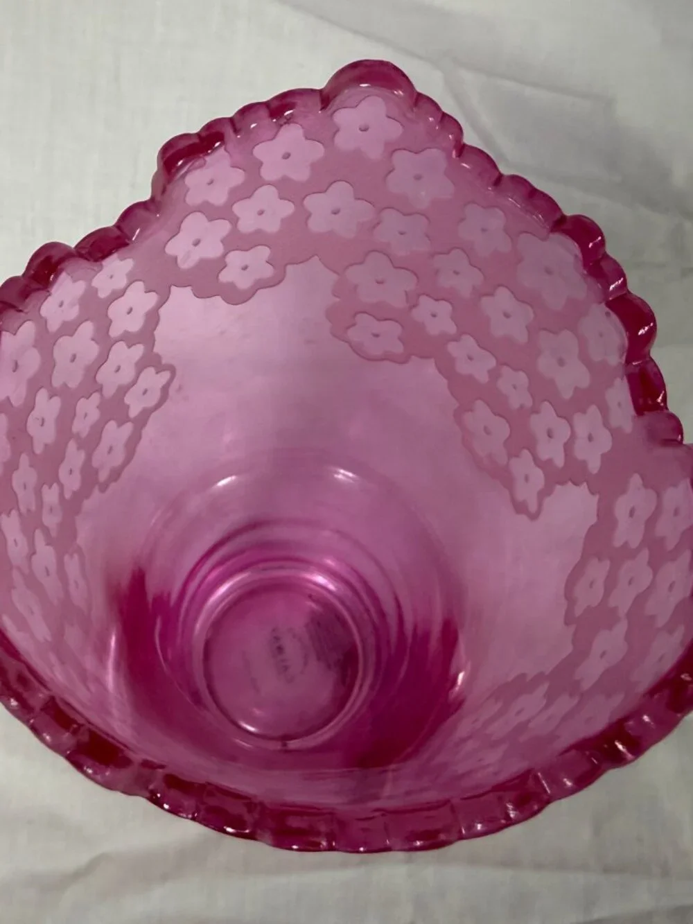 Pink Galway Irish Crystal Vase Scalloped Edge Etched Flowers